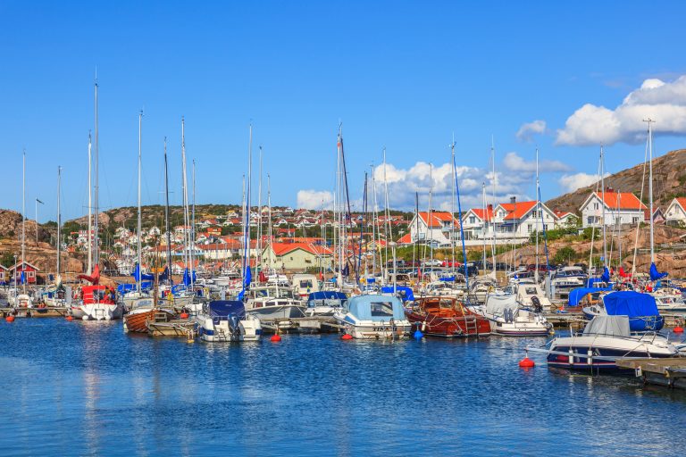 view-of-a-marina-and-boats-in-grebbestad-village-on-the-swedish-west-coast